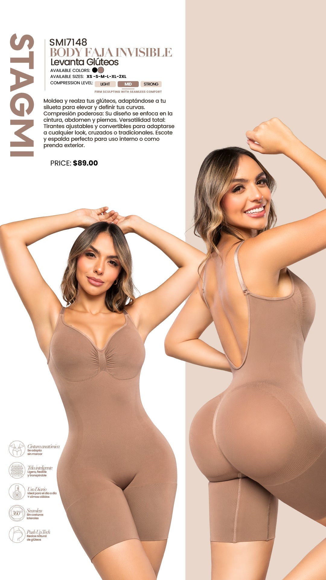 '- Faja invisible SMI7148 con tirantes ajustables y media pierna
- Vista posterior de faja SMI7148 con realce natural de glúteos
- Detalle de escote y espalda de faja invisible con tanga incluida