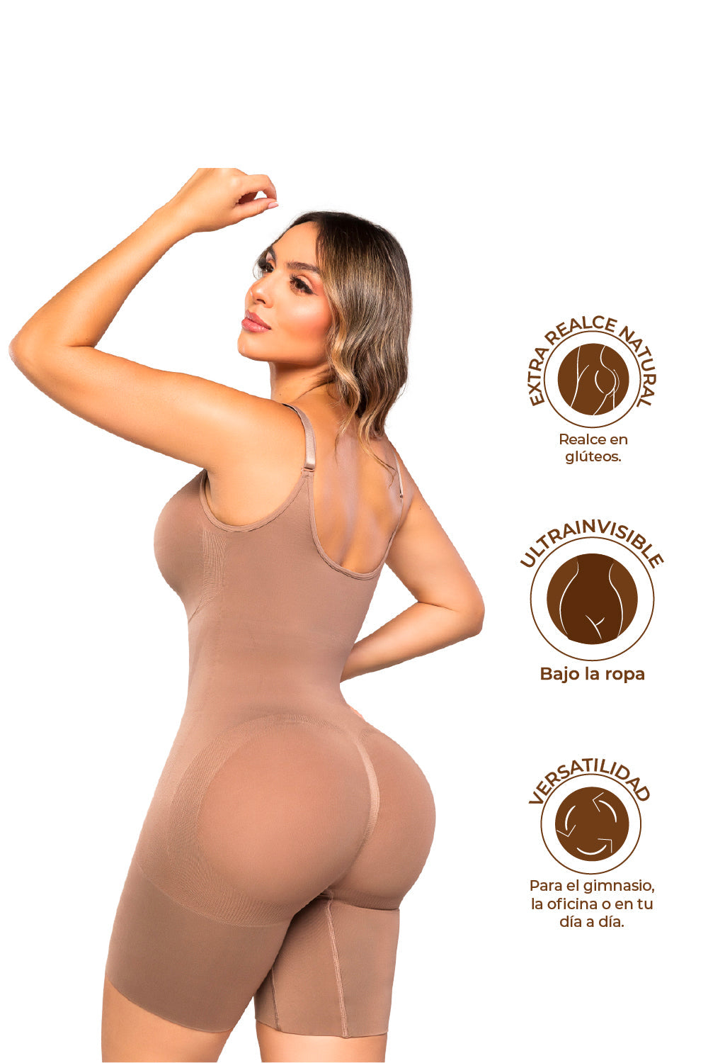 - Faja Seamfree SMI7153 sin escote con efecto Push Up Glutes Aproved
- Faja sin costuras SMI7153 con cobertura total y tela transpirable
- Detalle posterior de faja Seamfree SMI7153 con realce natural