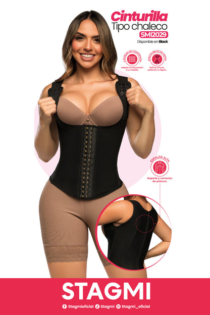 - Cinturilla chaleco SMI2029 espalda alta compresión
- Vista frontal cinturilla con broches progresivos
- Detalle estructura ergonómica tipo chaleco